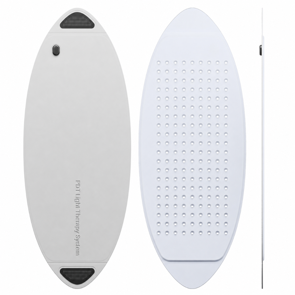 Goomi PDT LED Light Therapy Pod front, underside LED array and side profile views