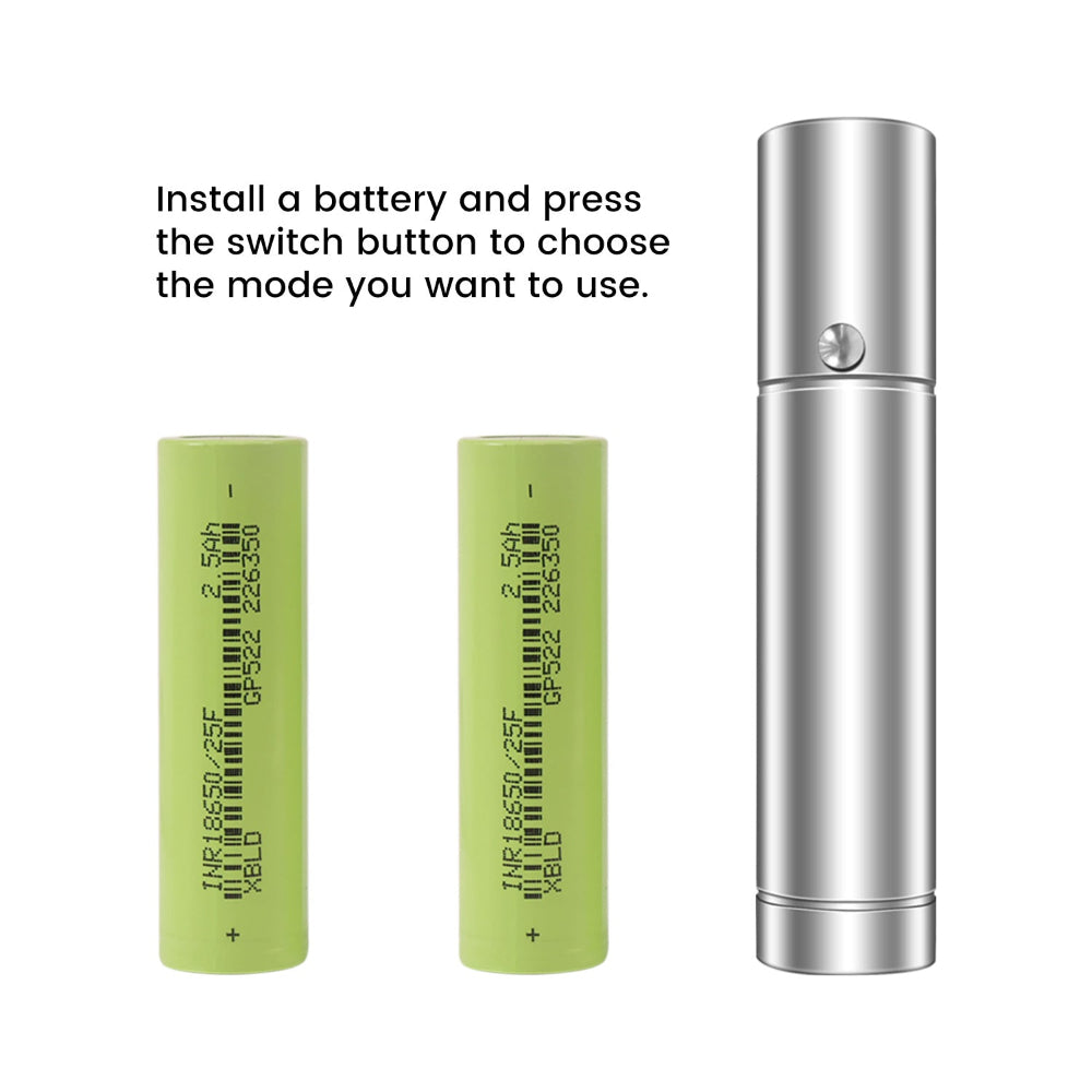 Silver handheld red light therapy torch shown with two rechargeable batteries and power button.