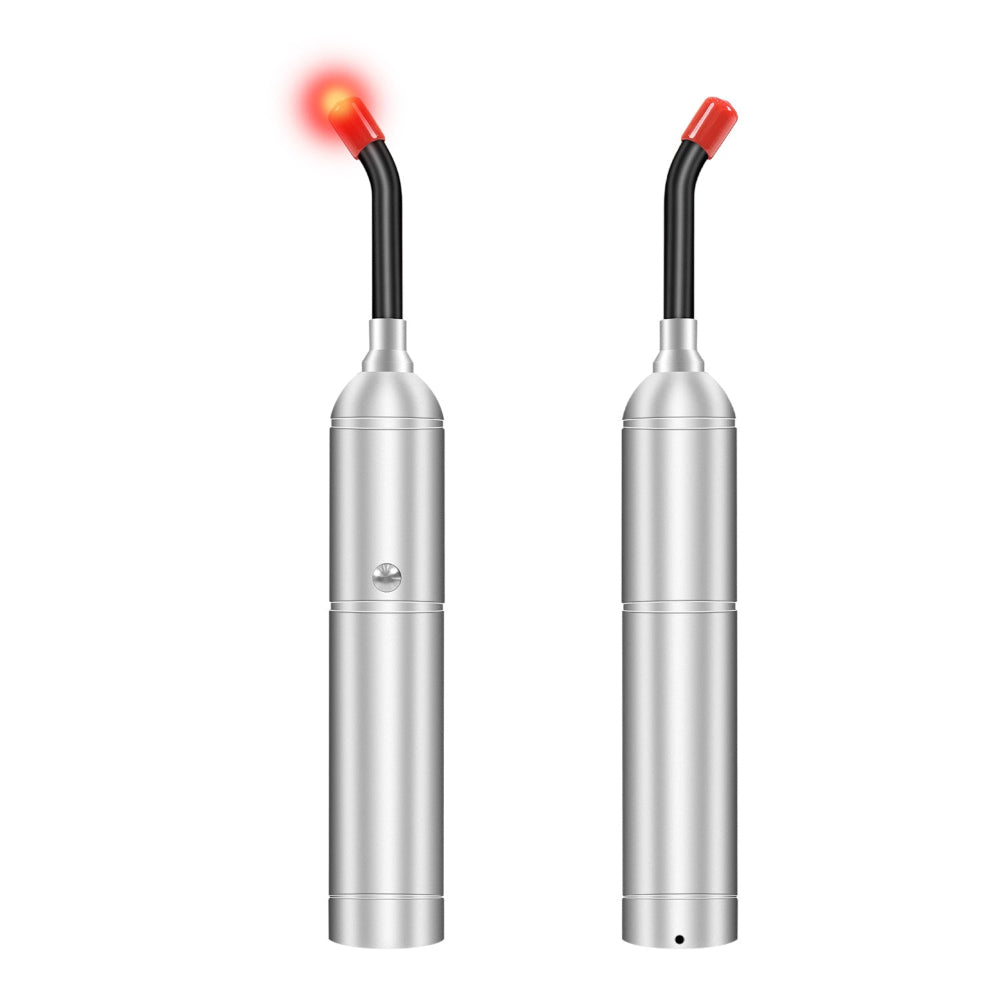 Front and rear views of the handheld red light therapy torch with flexible optical precision light guide attachment.