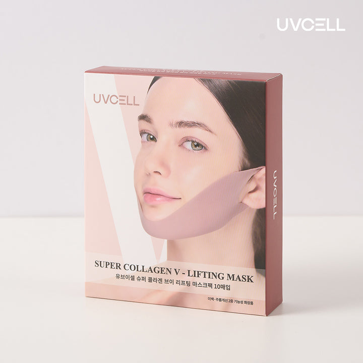 UVCELL Super Collagen V-Lifting Mask shown with its pink V-line lifting sheet and individual product packaging.