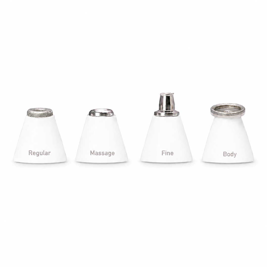 Diamond microdermabrasion and pore vacuum device attachment heads with Regular, Massage, Fine and Body tips