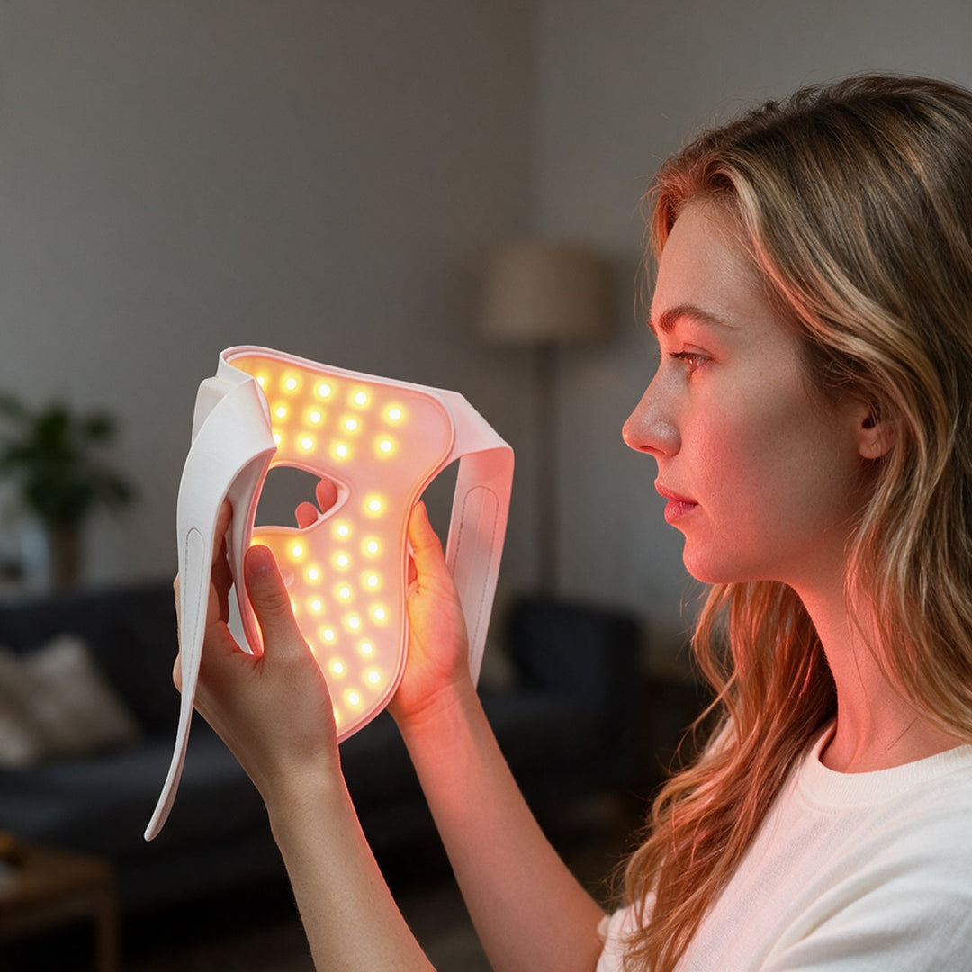 Woman holding the flexible, ultra-thin Goomi silicone LED light therapy mask with yellow LEDs lit