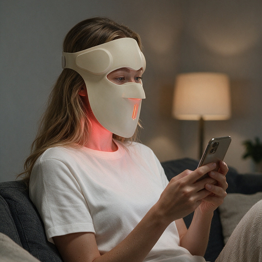 Woman relaxing on a sofa wearing the cordless Goomi LED light therapy mask, red light reaching the neck