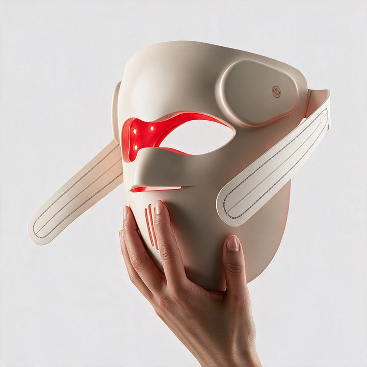 Hand holding the Goomi 3D silicone LED light therapy mask with adjustable straps and red LEDs glowing