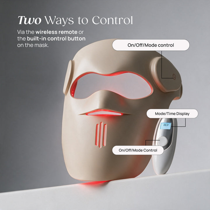 Goomi LED light therapy mask controls: built-in power and mode button and wireless remote with mode display