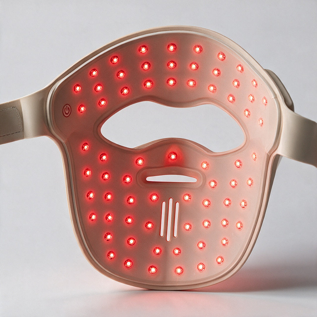 Inside of the Goomi 3D silicone LED light therapy mask showing red LEDs and nose and mouth breathing vents