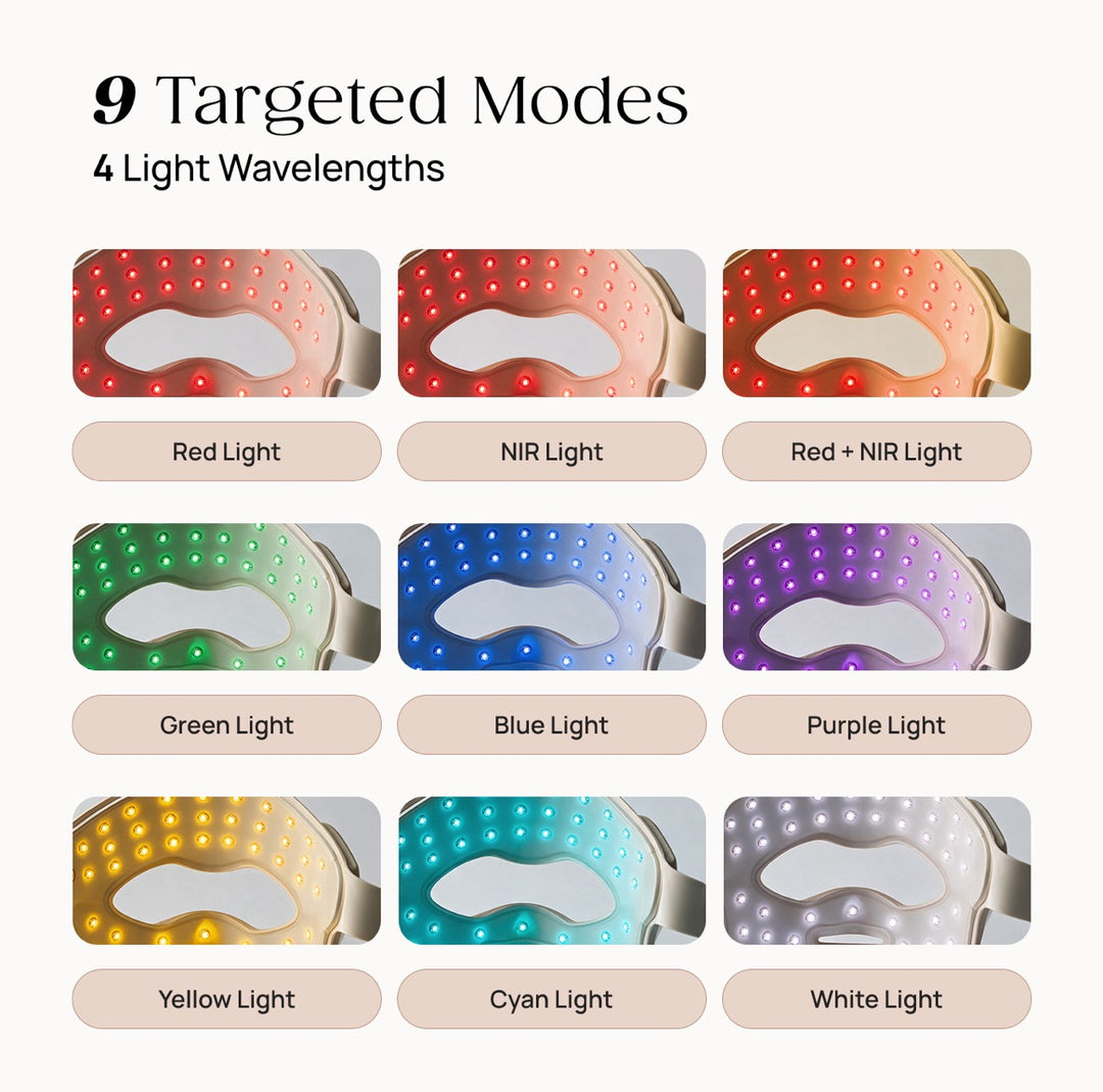 Nine light modes of the Goomi silicone LED mask: red, NIR, red+NIR, green, blue, purple, yellow, cyan and white
