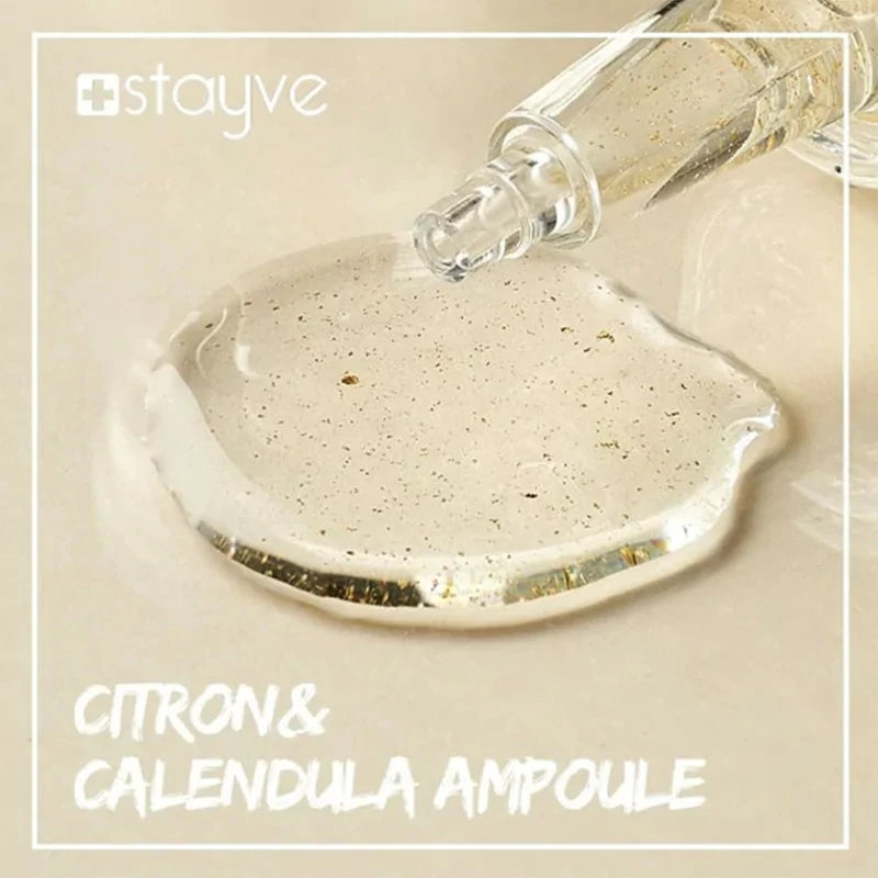Close up to Stayve Citron & Calendula Ampoule Vial serum texture with gold particles for glowing, calming skincare treatment