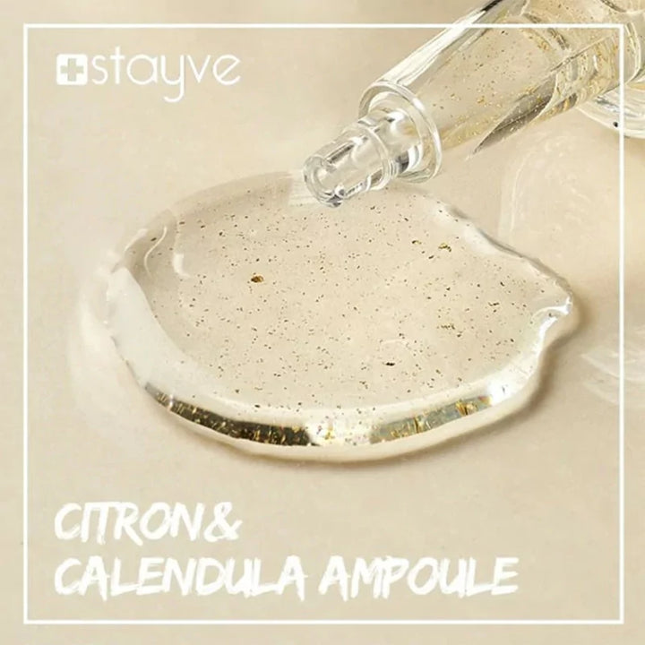 Close up to Stayve Citron & Calendula Ampoule Vial serum texture with gold particles for glowing, calming skincare treatment