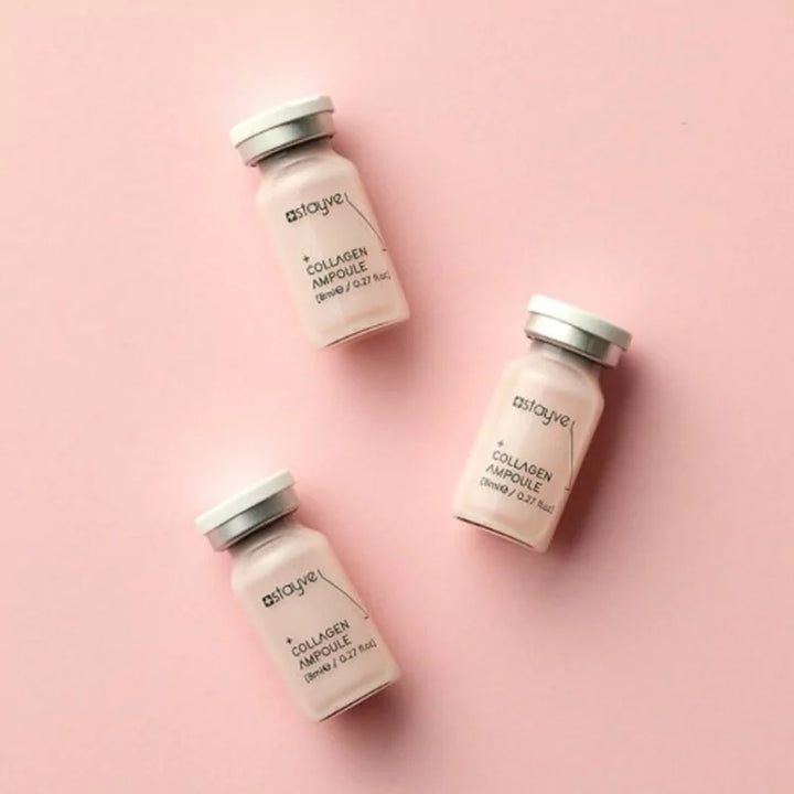 Stayve collagen ampoules lying on a pink background