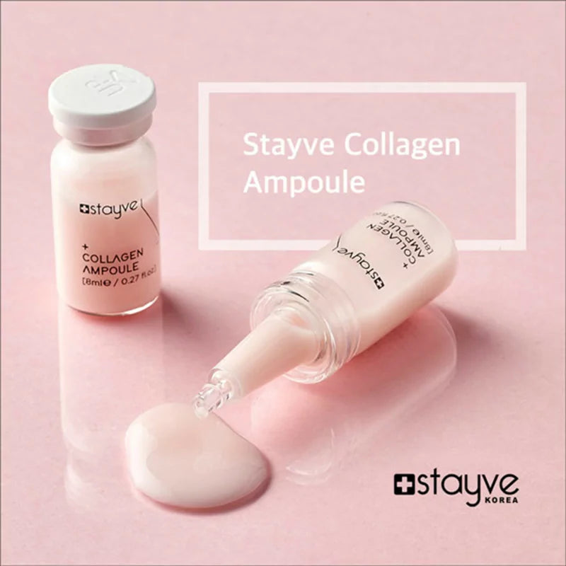 Stayve Collagen Ampoule vials with one cap off in a pink background