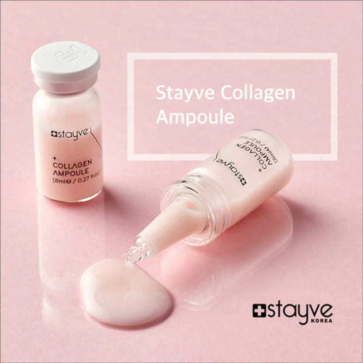 Stayve Collagen Ampoule vials with one cap off in a pink background