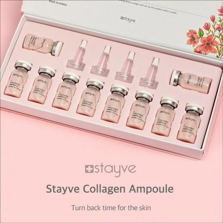 Stayve Collagen Ampoule set  opened box with vials & applicators on a pink background