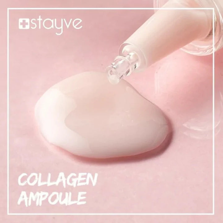 Close up to the tip of Stayve Collagen Ampoule ,with the ampoule serum  dispensing onto a pink surface.