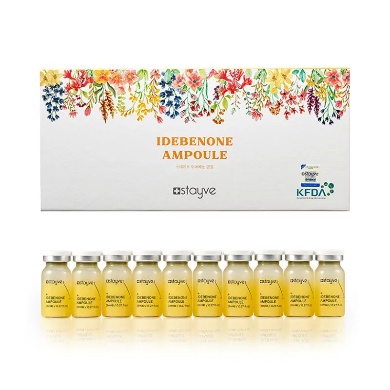 Stayve Idebeneone ampoule packaging with colorful floral design and 10 vials on display