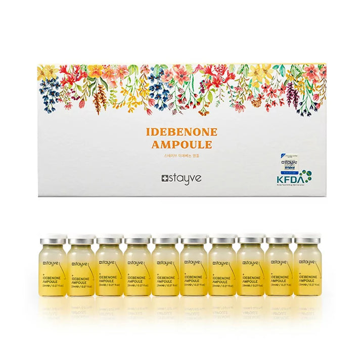 Stayve Idebeneone ampoule packaging with colorful floral design and 10 vials on display