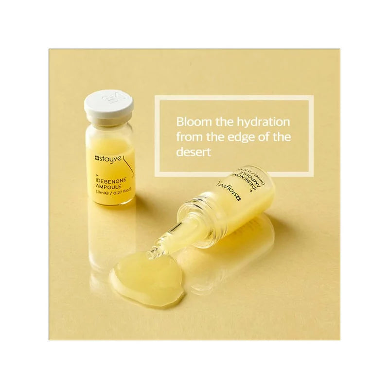 Stayve Idebenone Ampoule vials, dispensing ampoule serum onto the surface.