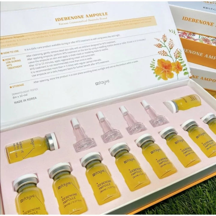 Stayve Idebenone Ampoule packaging with ampoules and opened box  