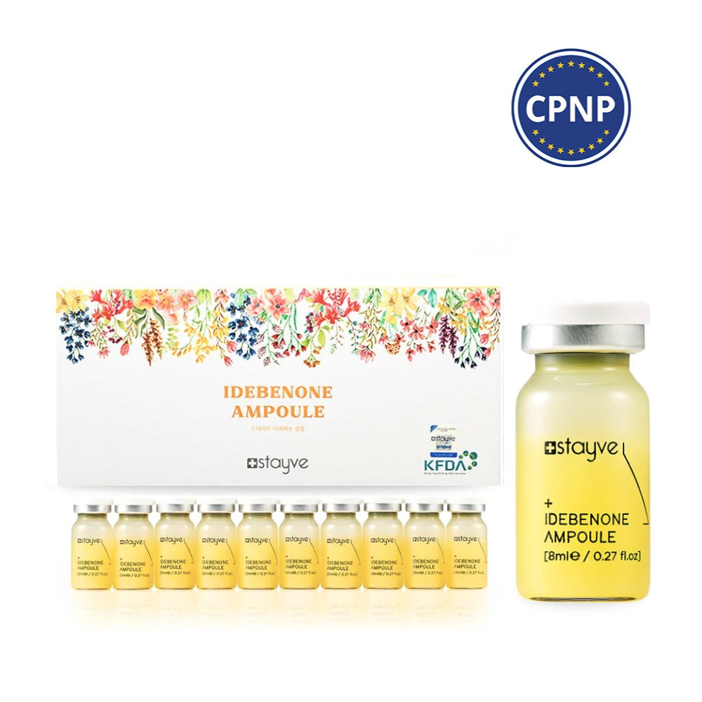 Stayve Idebenone Ampoule packaging with ampoules and box on a white background, with CPNP logo